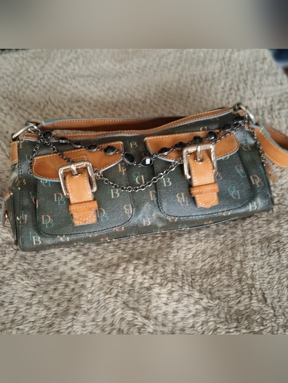 Dooney & Bourke Brown Logo Shoulder Bag with Tan Trim and Chain Detail